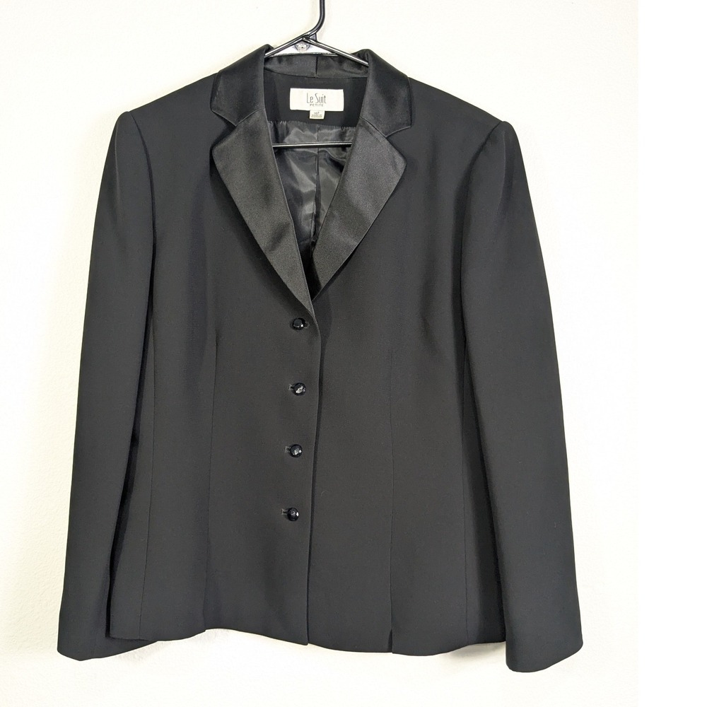 Le Suit Petite Black Satin Trimmed 4 Button Blazer Jacket Size 16P